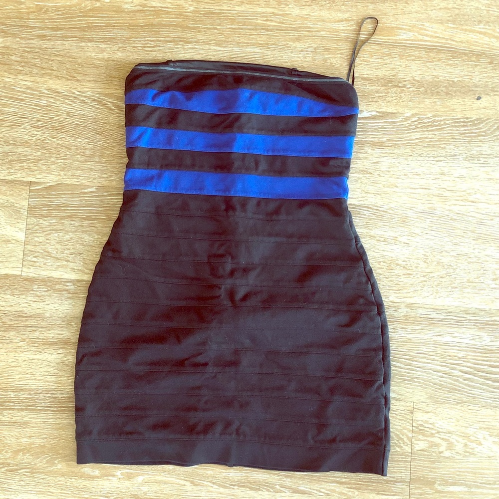 Mini black Express bandage dress with blue stripes